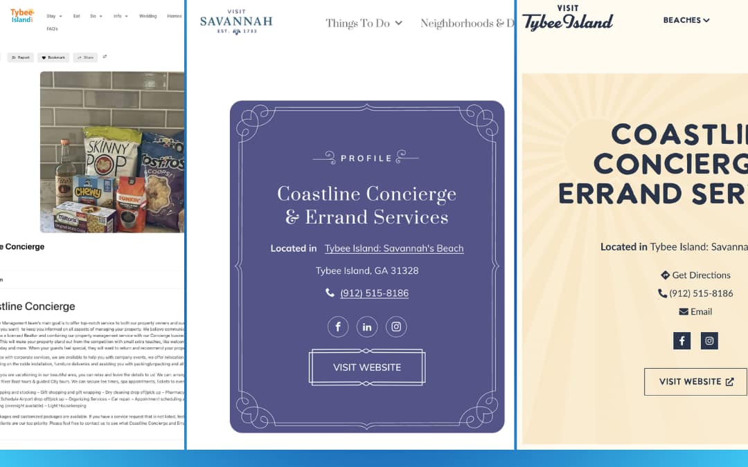 Screenshots of Coastline Concierge official profiles on Visit Savannah and Tybee Island tourism websites, verifying trusted Coastal Empire property management.