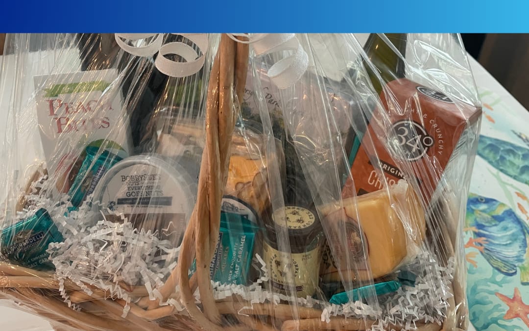 Luxury vacation rental welcome basket with local Savannah snacks on a kitchen counter, designed to increase property ROI and guest reviews in the Coastal Empire.