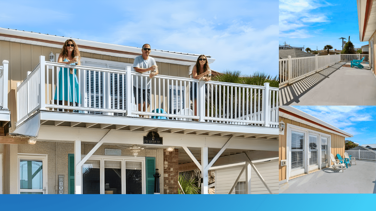 Enjoying a cold drink on the 2nd-floor deck with ocean views at June's Seaside Retreat, made possible by luxury concierge Savannah services.